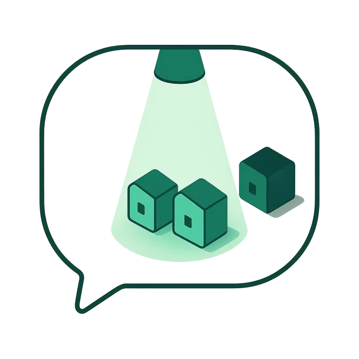 A chat bubble spotlighting two businesses while a third stands unlit