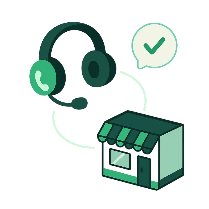 A friendly headset icon over a dialer connecting to a storefront