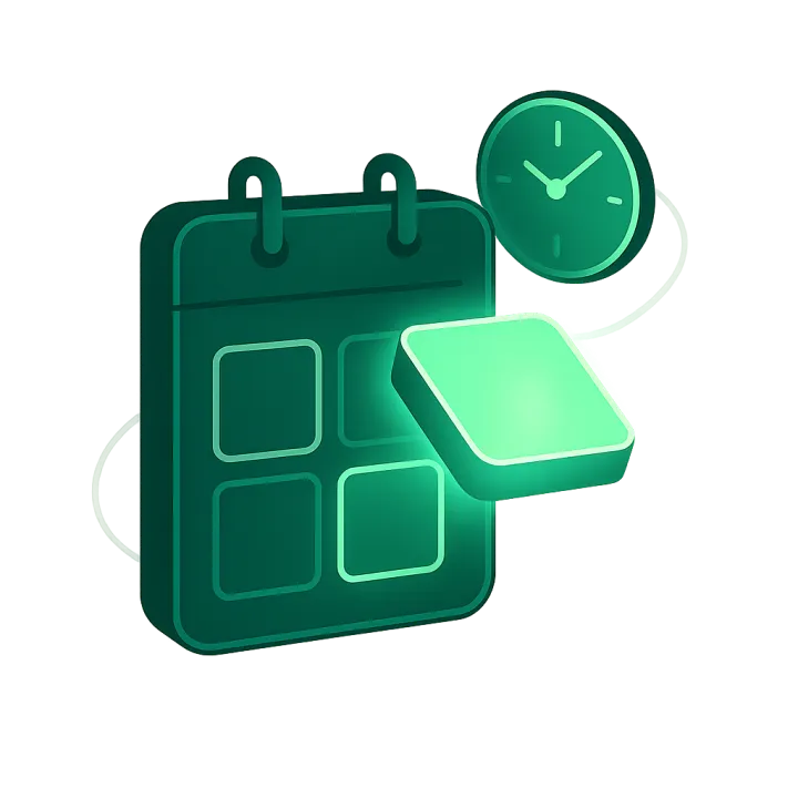 A calendar slot lifting off a report page as a confirmed booking