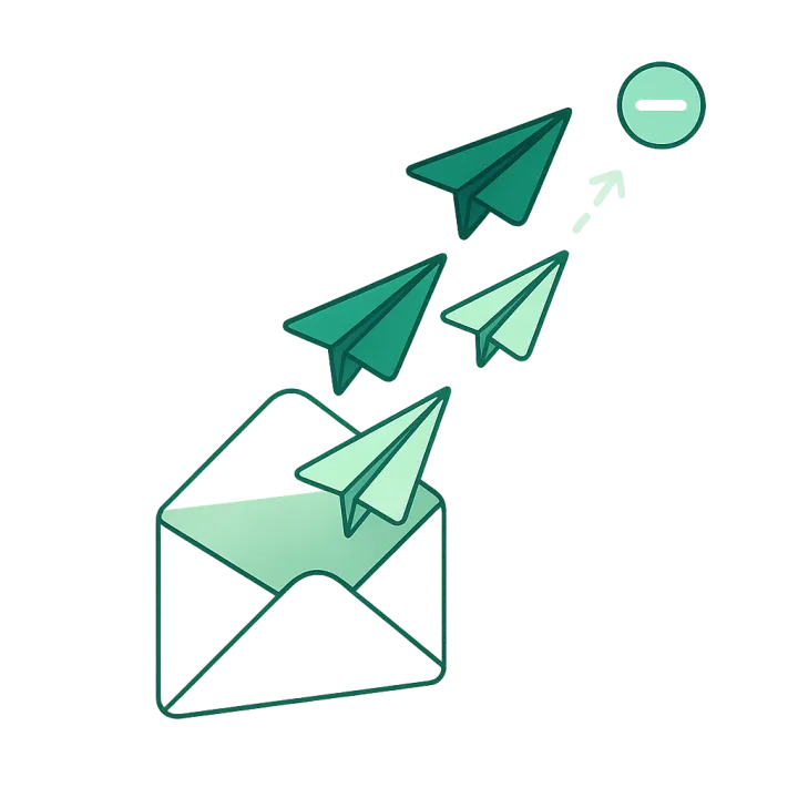 An email leaving an inbox as a paper plane with a stop signal behind it